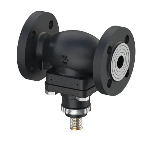 Zweiphasenventil von Danfoss mit Flanschanschlüssen, angedeuteter mechanischer Steuerung und schwarzer Oberfläche, geeignet für verschiedene Anwendungen in Rohrleitungssystemen.